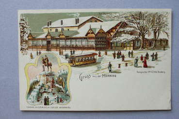 Ansichtskarte Winter Litho AK Duisburg Gruß aus der Monning 1900 Restaurant Straßenbahn Architektur Ortsansicht NRW